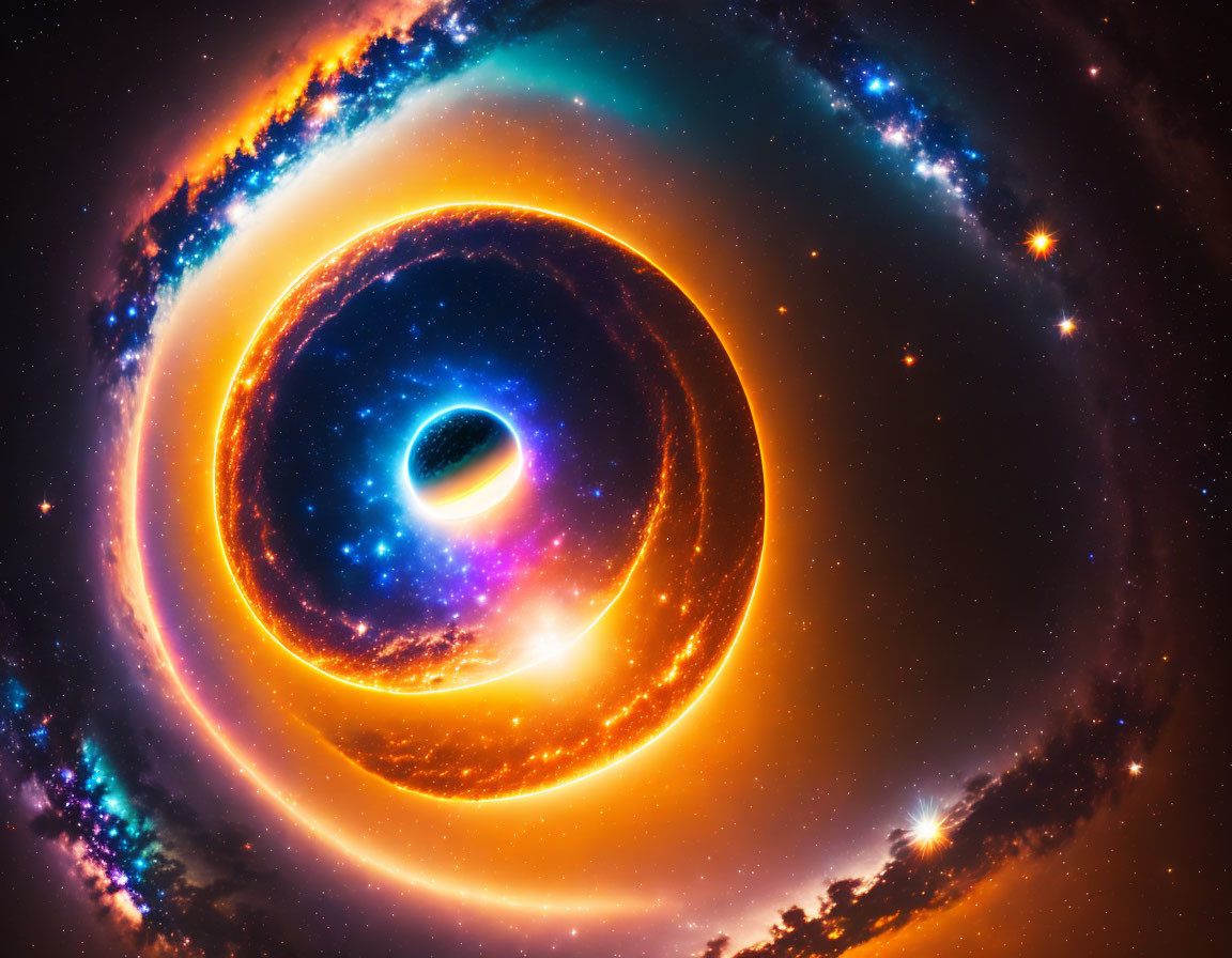 Illustration of a vibrant black hole with swirling accretion disks