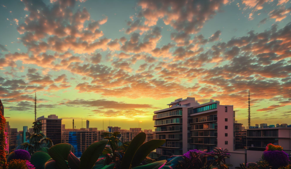 Cityscape silhouette at sunset with orange sky and balcony plants.