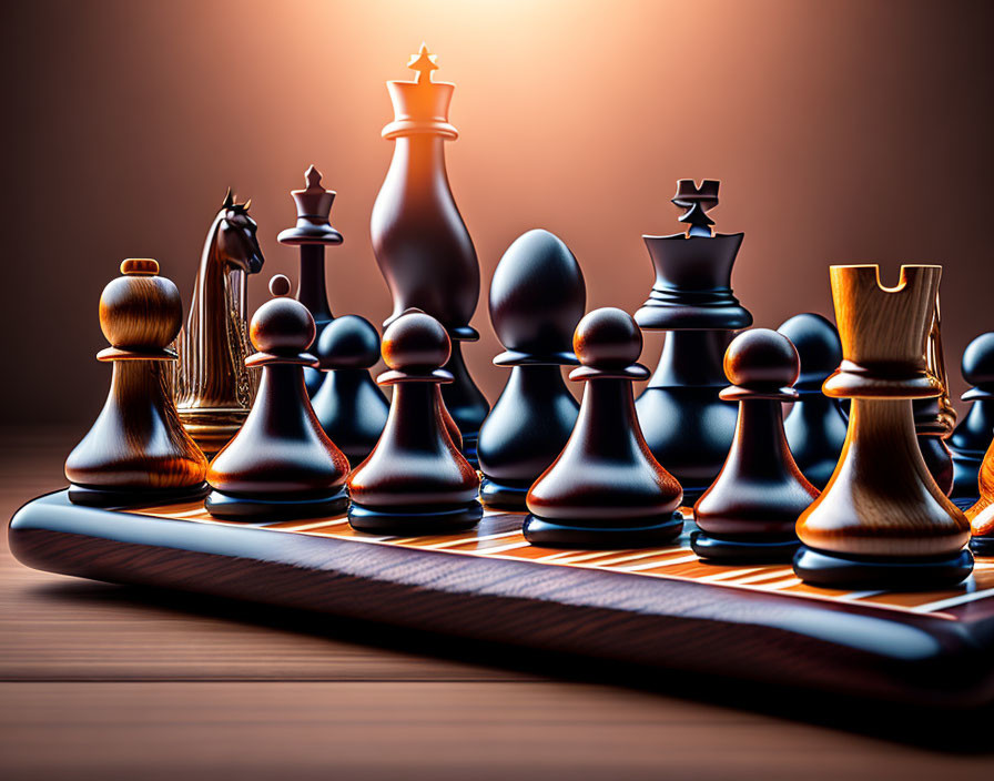 Polished wooden chessboard with black and white pieces in starting position