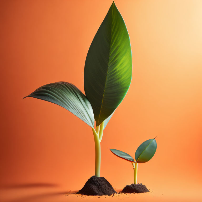 Green plants at different growth stages against orange backdrop