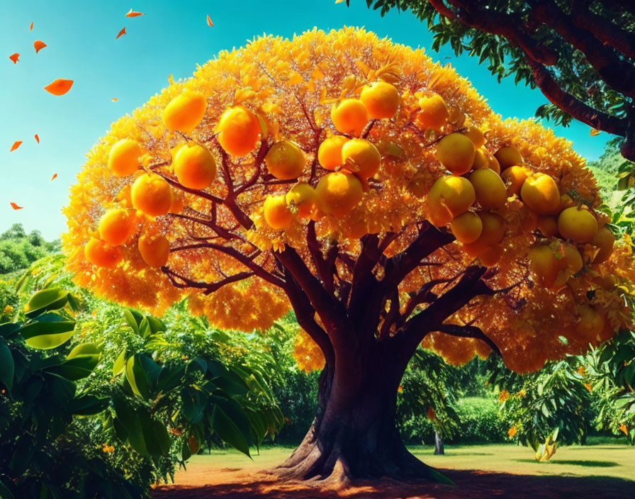 Colorful whimsical tree with oversized orange fruits in lush greenery and blue sky