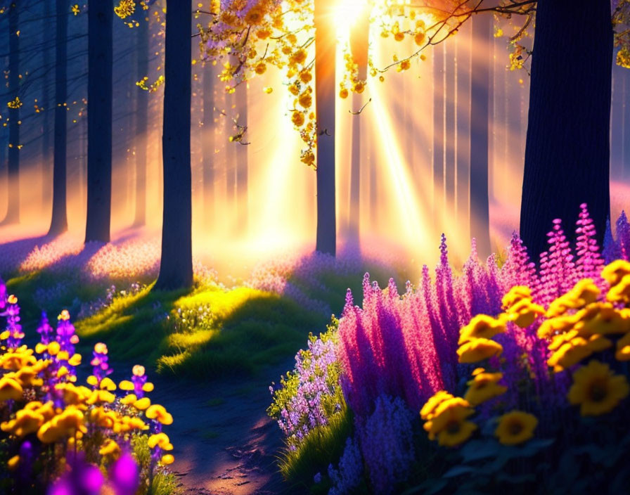 Vibrant forest with purple wildflowers under sunlight glow