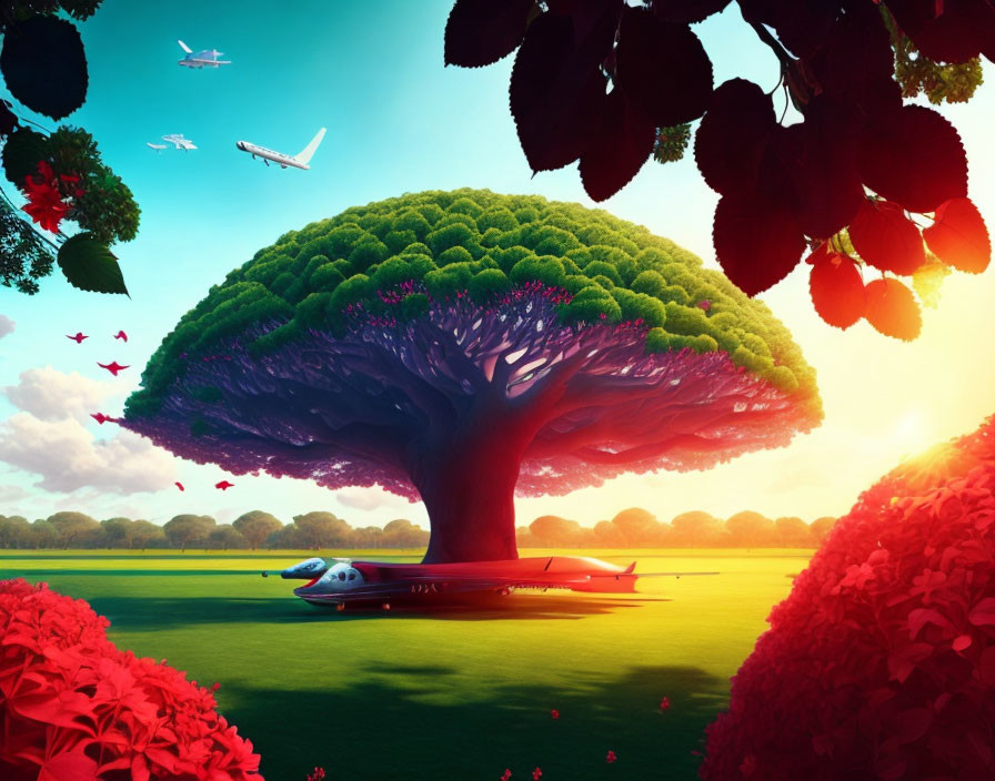 Colorful airplanes and lush tree in vibrant fantasy landscape