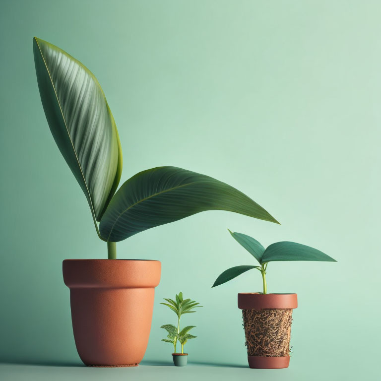 Progressive growth stages of potted plants on teal background