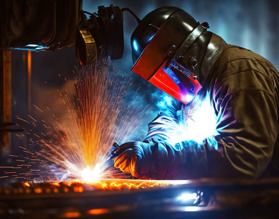 Welder in protective gear using welding machine sparks blue light industrial setting