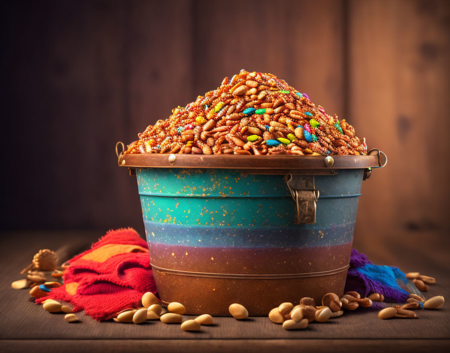 Colorful Sprinkled Chocolate Candies Overflowing from Rustic Pail