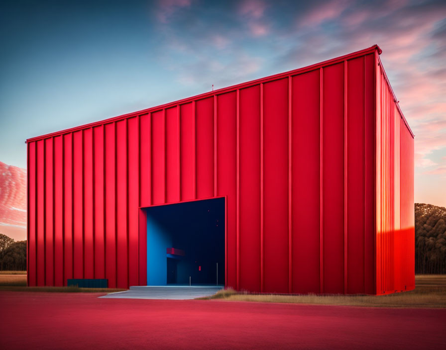 Modern Red Building with Bold Blue Entrance Against Vibrant Sunset Sky