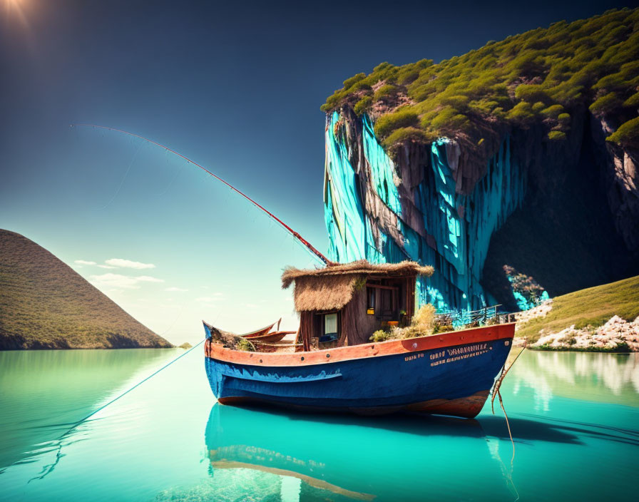 Thatched roof wooden boat fishing on turquoise lake