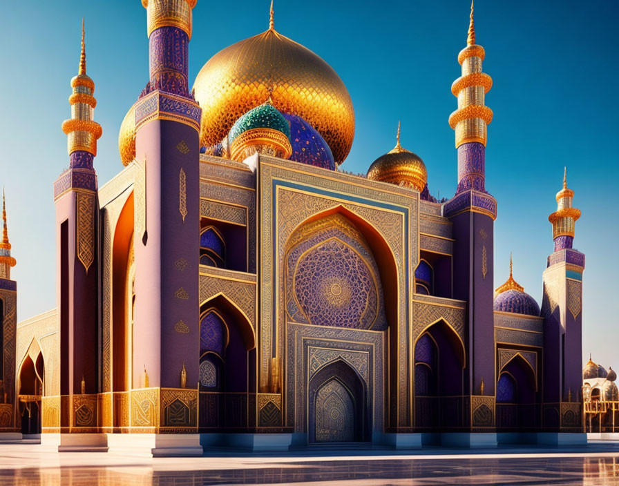 Golden dome mosque with blue and purple hues and ornate arches against clear dusk sky