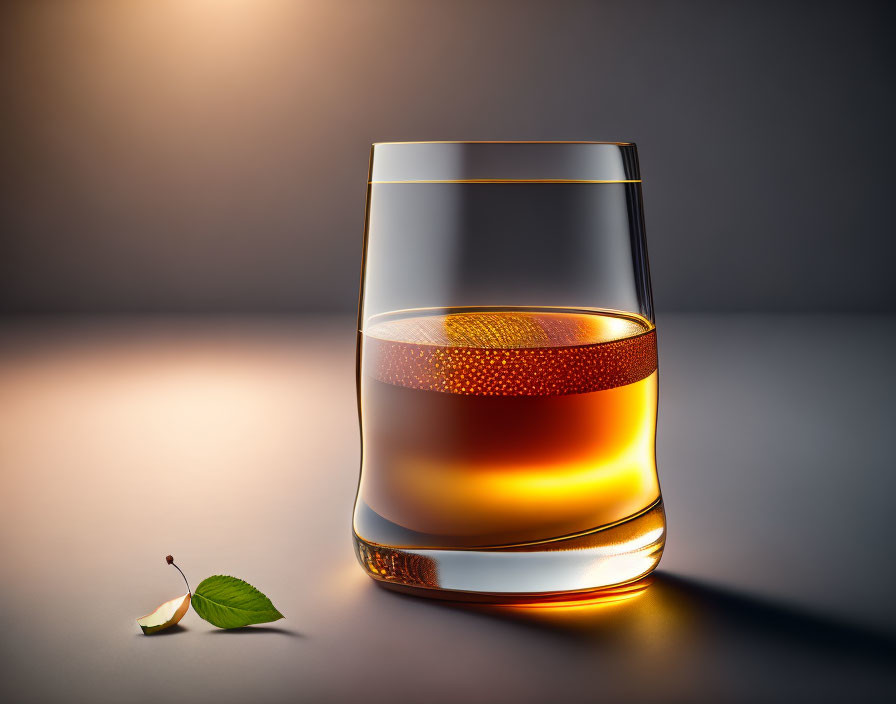 Amber liquid in glass with golden rim on reflective surface