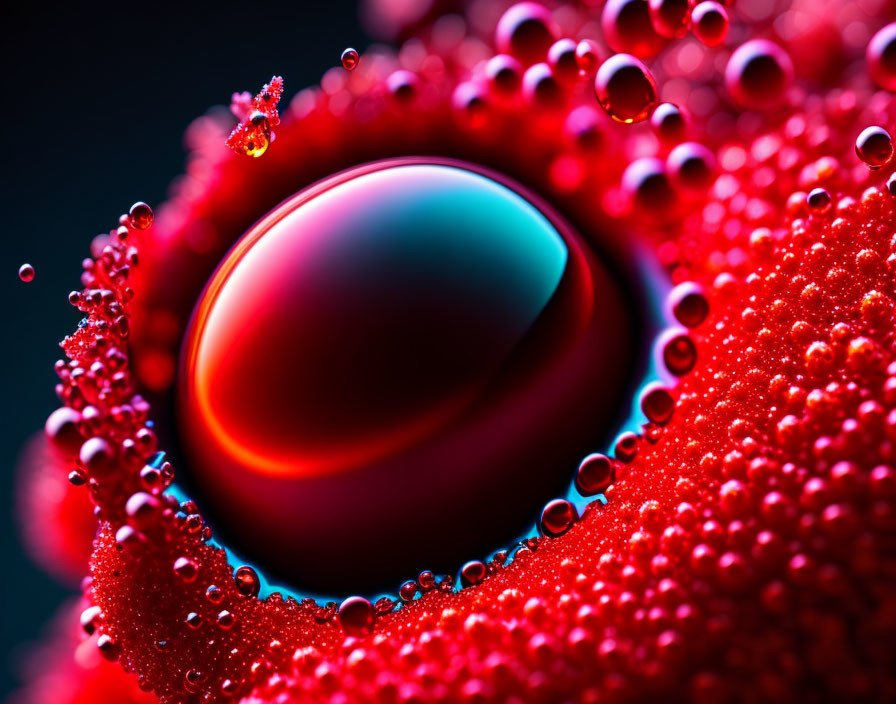 Colorful Spherical Object Surrounded by Red Bubbles in Macro Shot