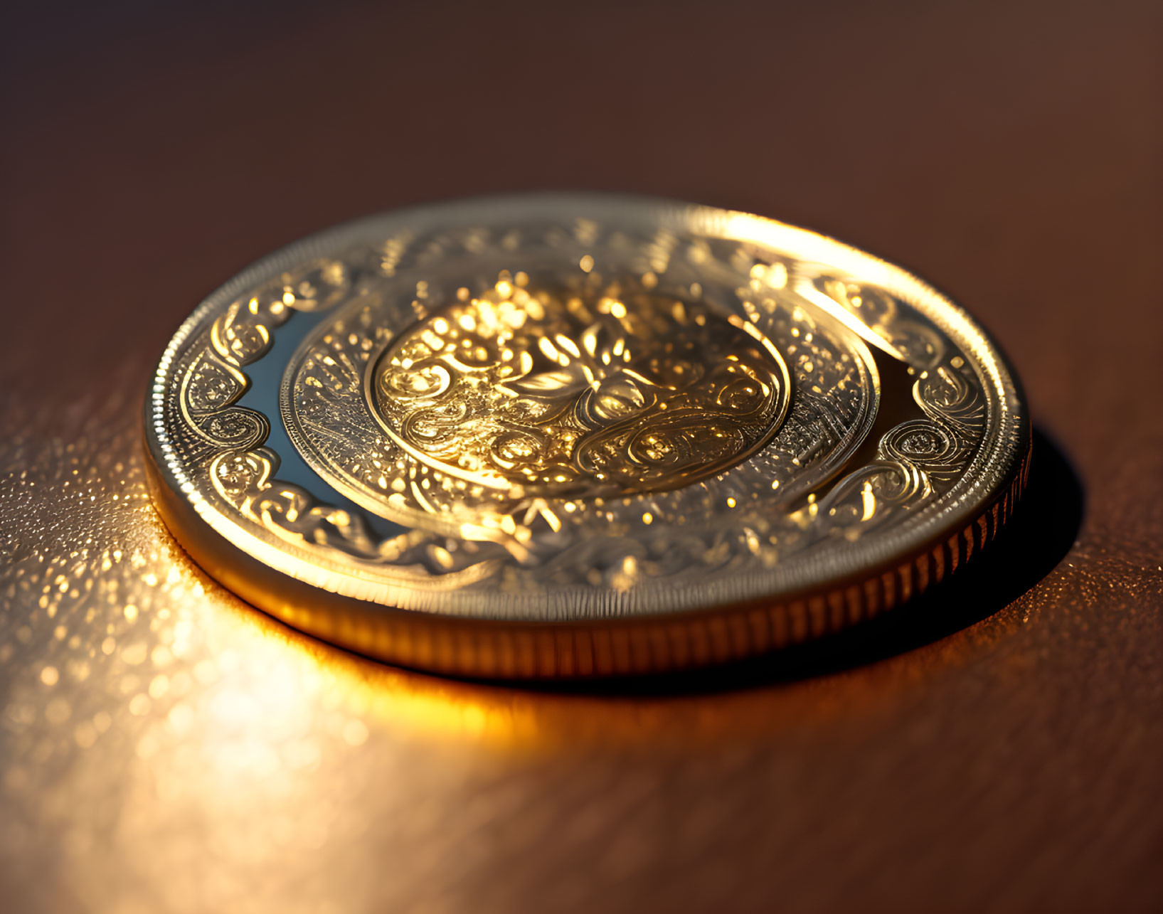 Intricately Designed Shiny Gold Coin on Textured Surface