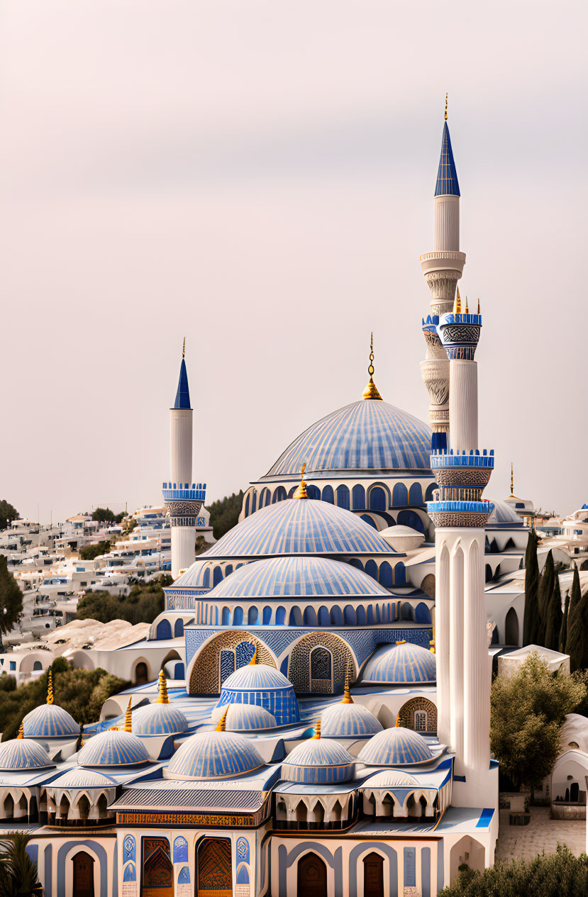 Blue-domed mosque and tall minarets at twilight against white houses