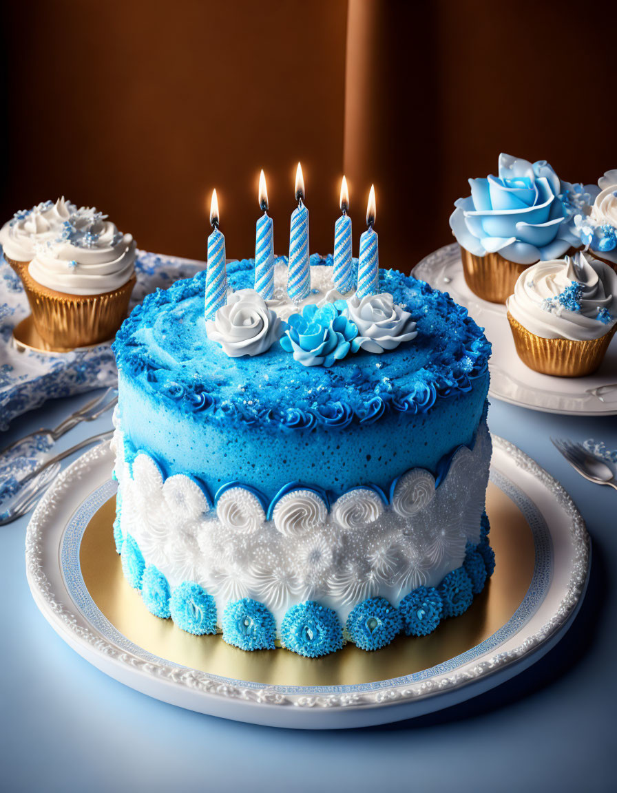 Blue and White Two-Tiered Birthday Cake with Lit Candles and Cupcakes on Blue Background