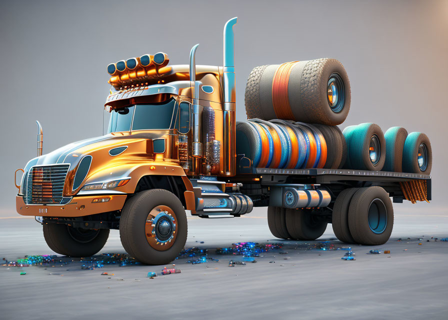 Vibrant semi-truck with oversized car parts on neutral backdrop