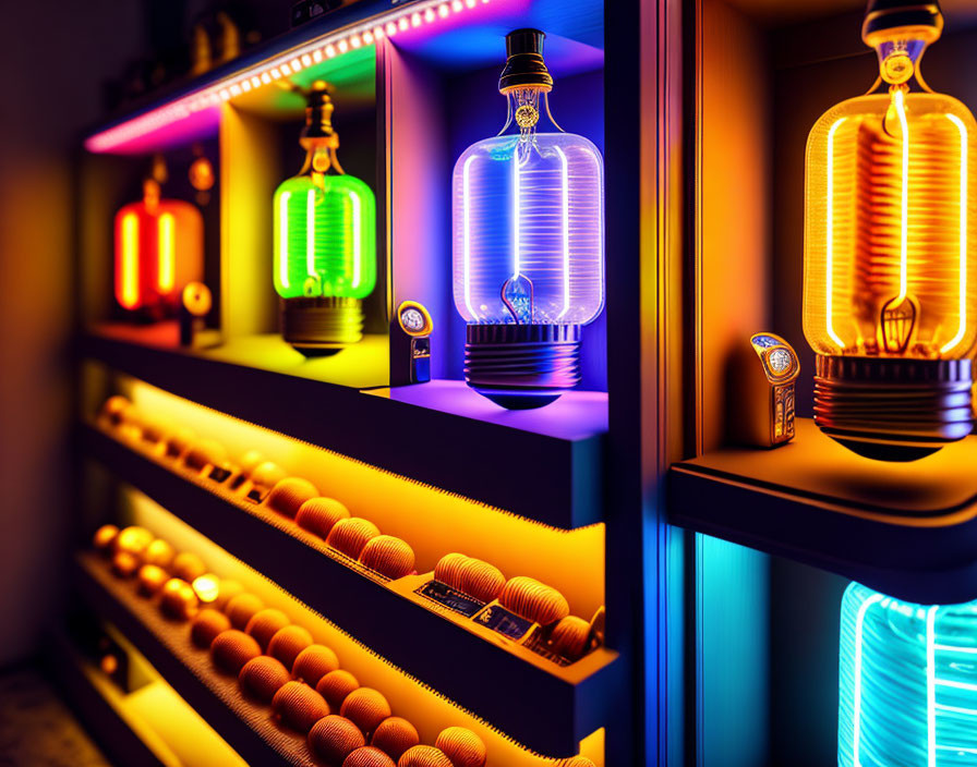 Futuristic bar setup with neon-lit shelves displaying unique bottles and futuristic drink spheres