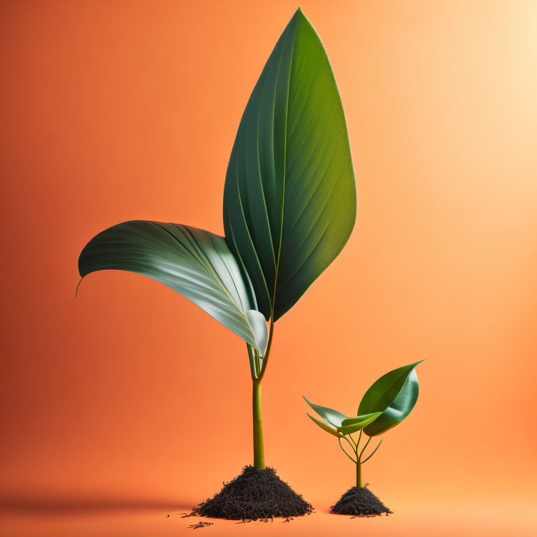 Plant growth stages: large leafy plant and small seedling against orange backdrop