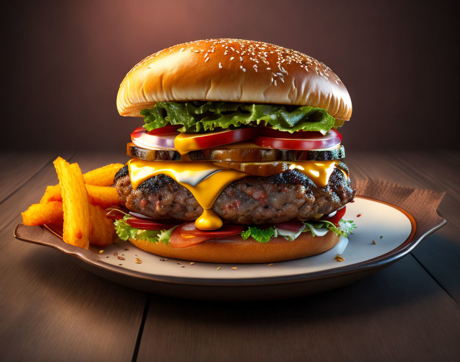 Cheeseburger with lettuce, tomato, cheddar, sesame seed bun, fries on white plate