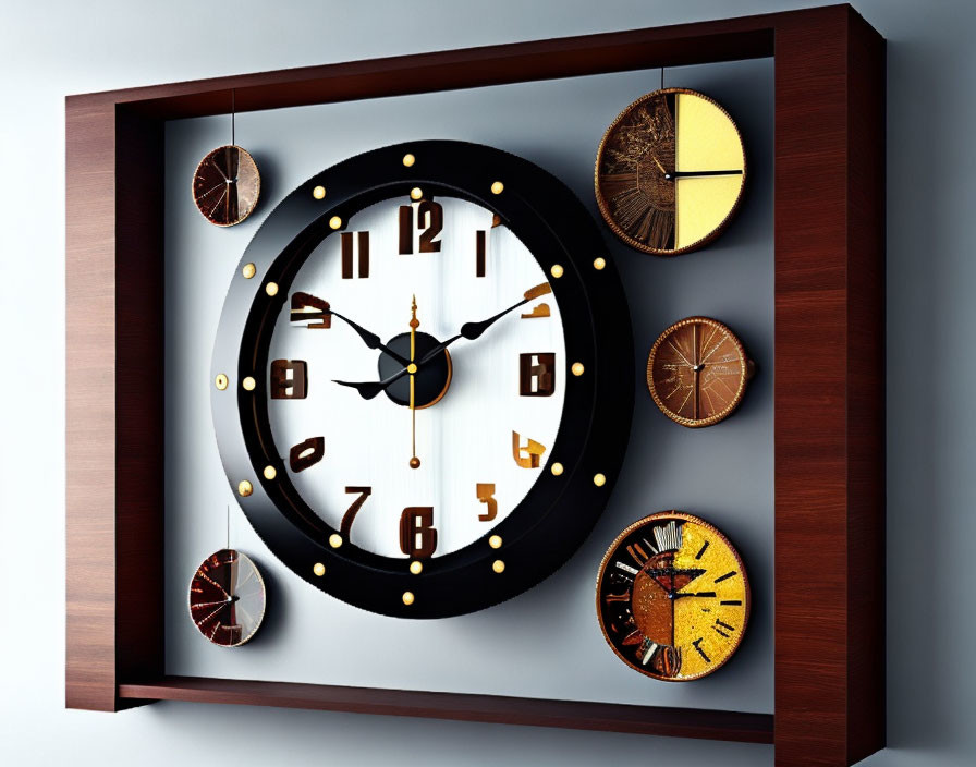 Fragmented Design Wooden Frame Wall Clock with Multiple Time Faces