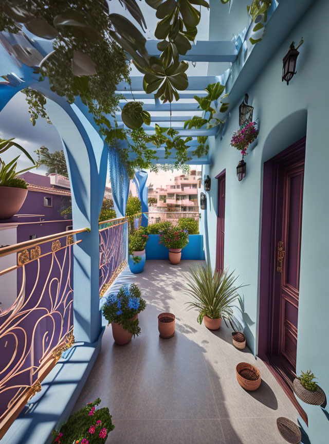 Blue-walled balcony with decorative railing, hanging plants, and terracotta pots.