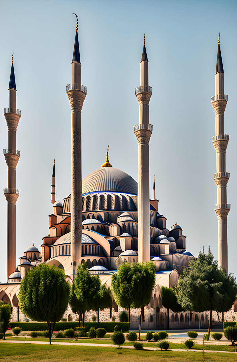 Mosque with multiple domes and tall minarets in clear blue sky