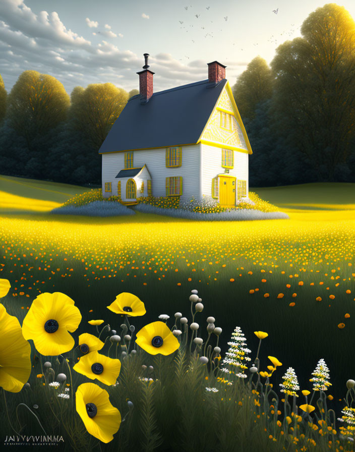 Yellow House with Red Chimney Surrounded by Field of Flowers at Dusk