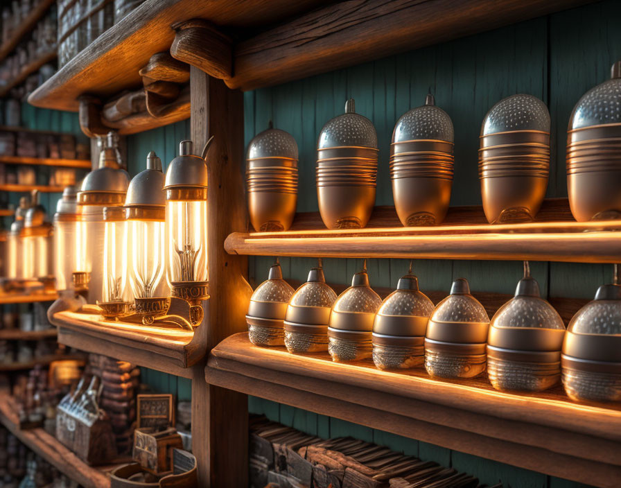 Warm Glow Vintage-Style Bulbs on Wooden Shelf in Rustic Setting