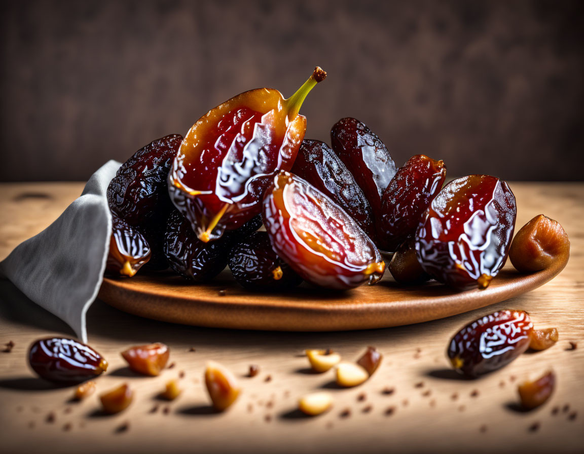 Glossy dates on wooden plate with scattered pits