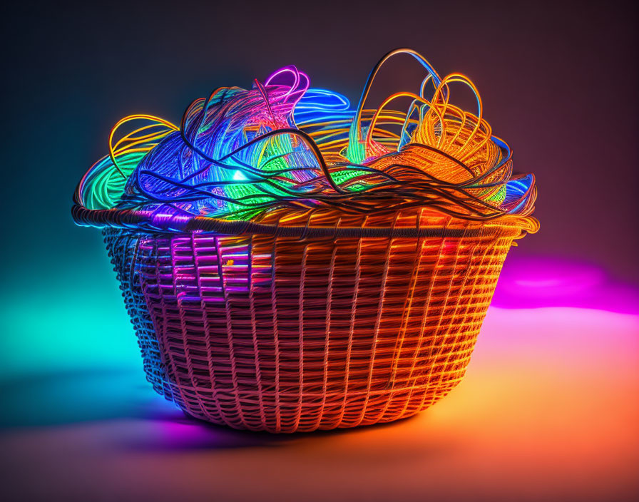 Colorful glowing wire bundles in basket with vibrant neon lights on dark background.