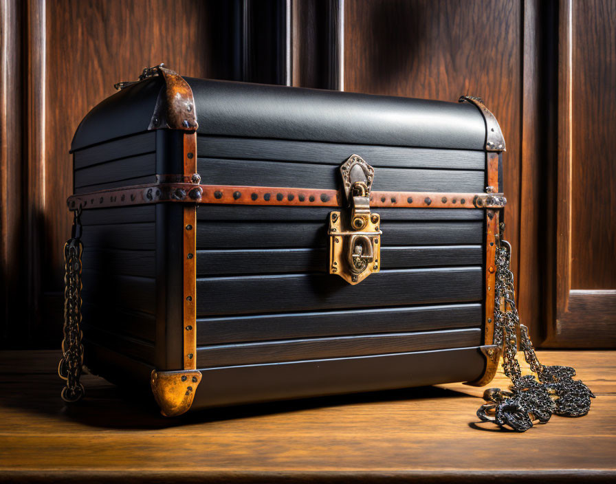 Vintage Wooden Chest with Metal Reinforcements and Gold-Toned Latch