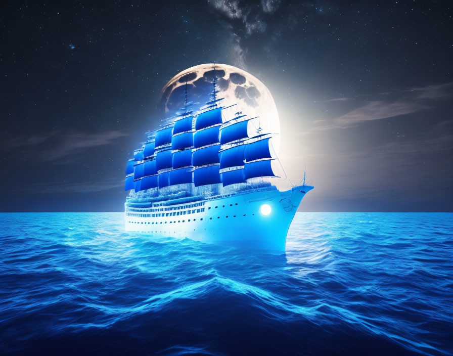 Sailing ship with blue illuminated sails on ocean at night