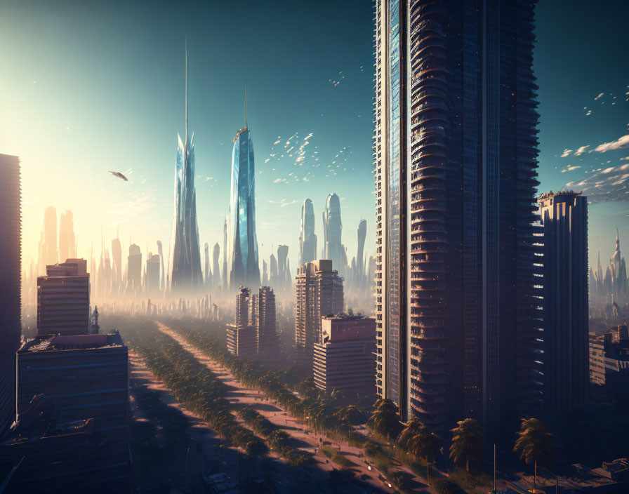 Futuristic cityscape with skyscrapers, sunlight, and flying vehicles