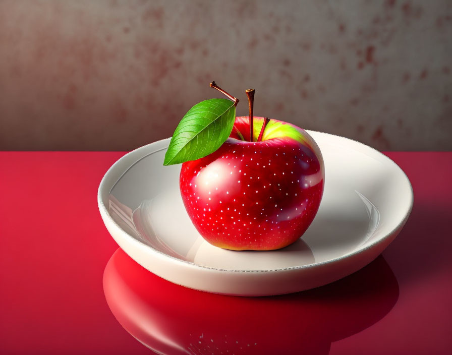 Shiny red apple with green leaf on white plate against red background