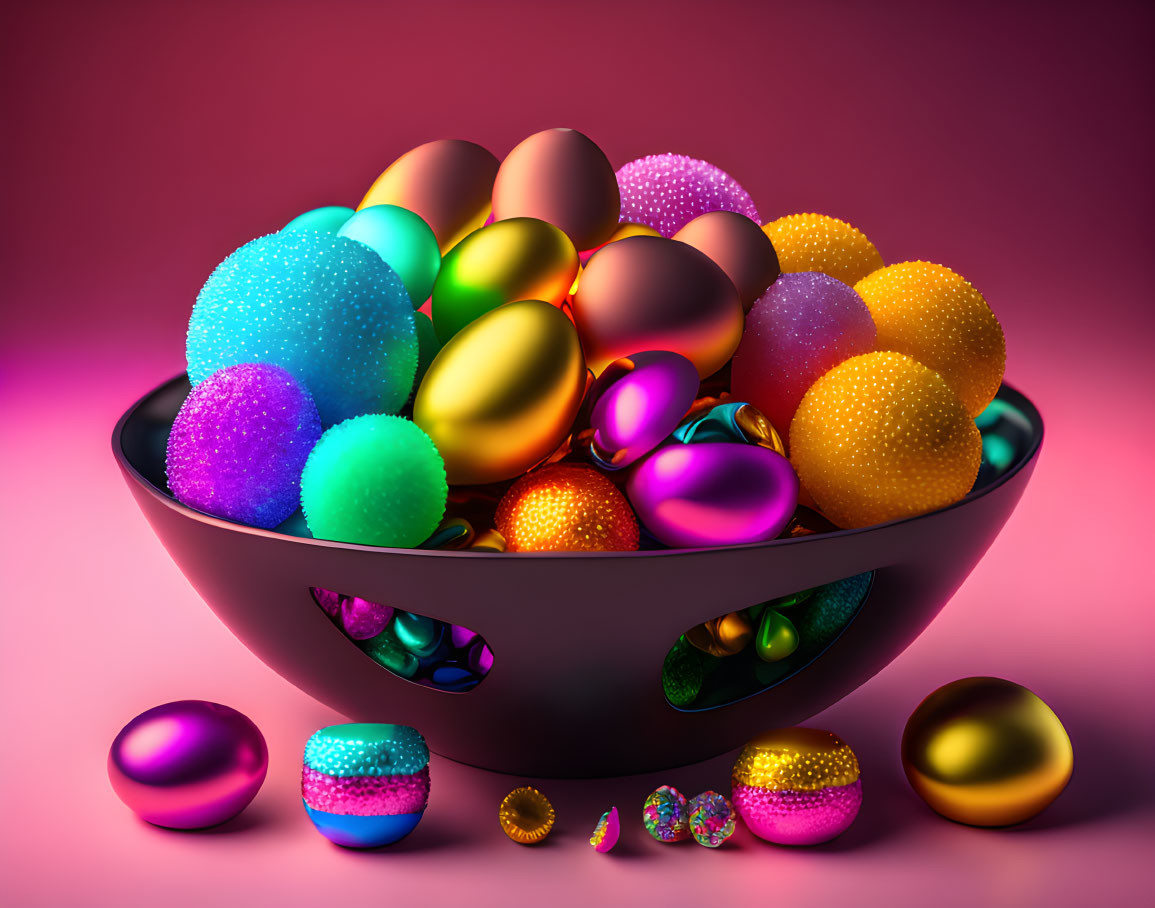 Colorful Metallic Eggs on Pink Background with Festive Designs