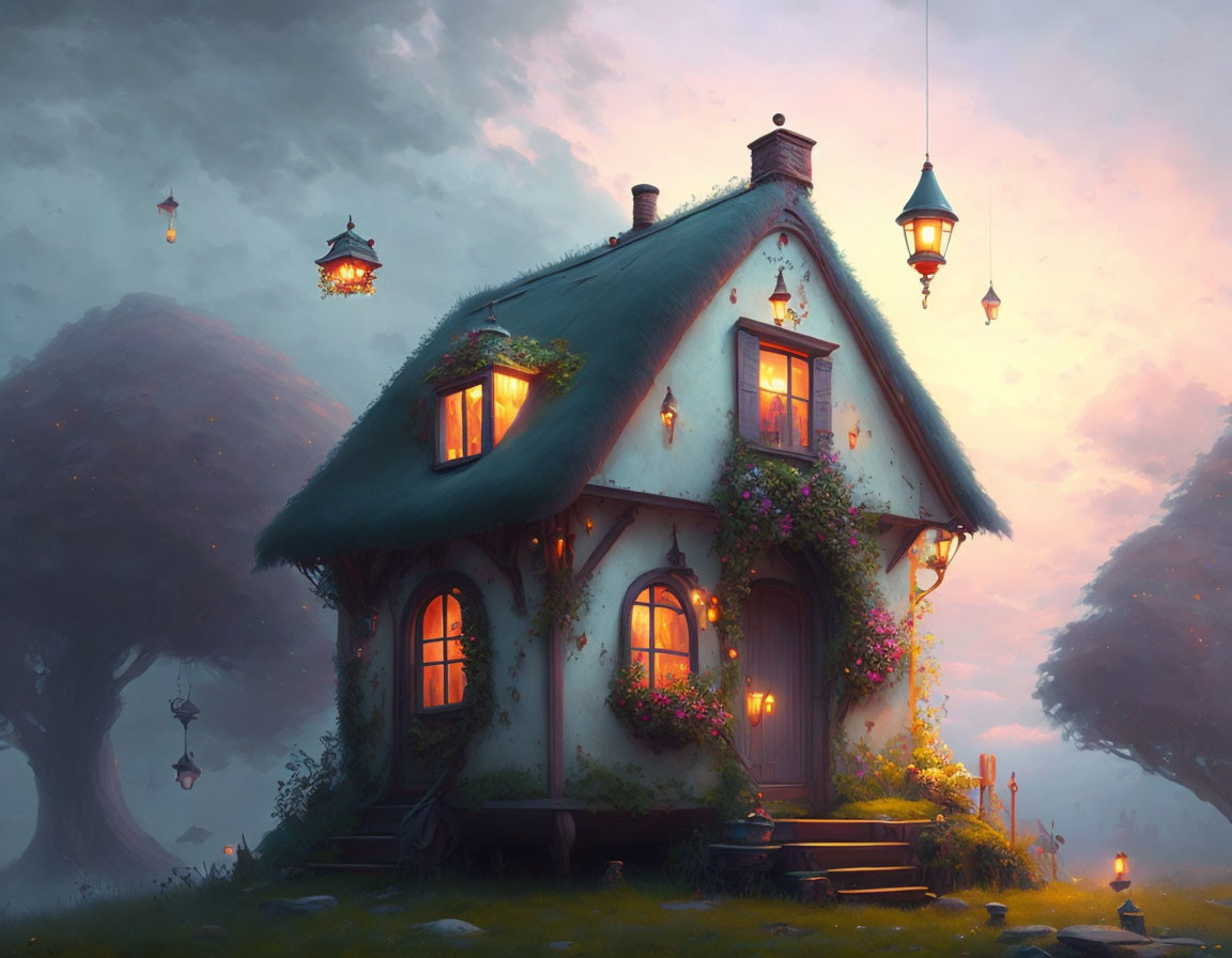 Thatched Roof Cottage in Twilight Mist and Blooming Flowers