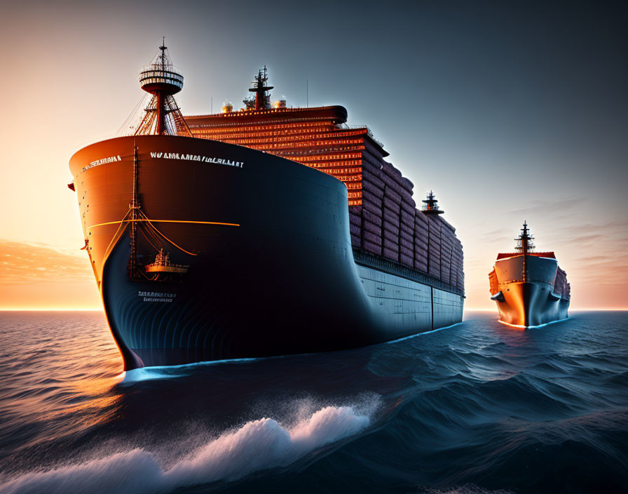 Cargo ship and smaller boats at sea during sunset