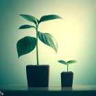 Potted plants at different growth stages on a shelf with soft backlight