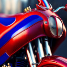 Vibrant red and blue motorcycle tank with chrome gas cap, intricate designs, reflections, blurred background