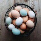 Brown and White Eggs with Fluffy Feather Texture on Wooden Table