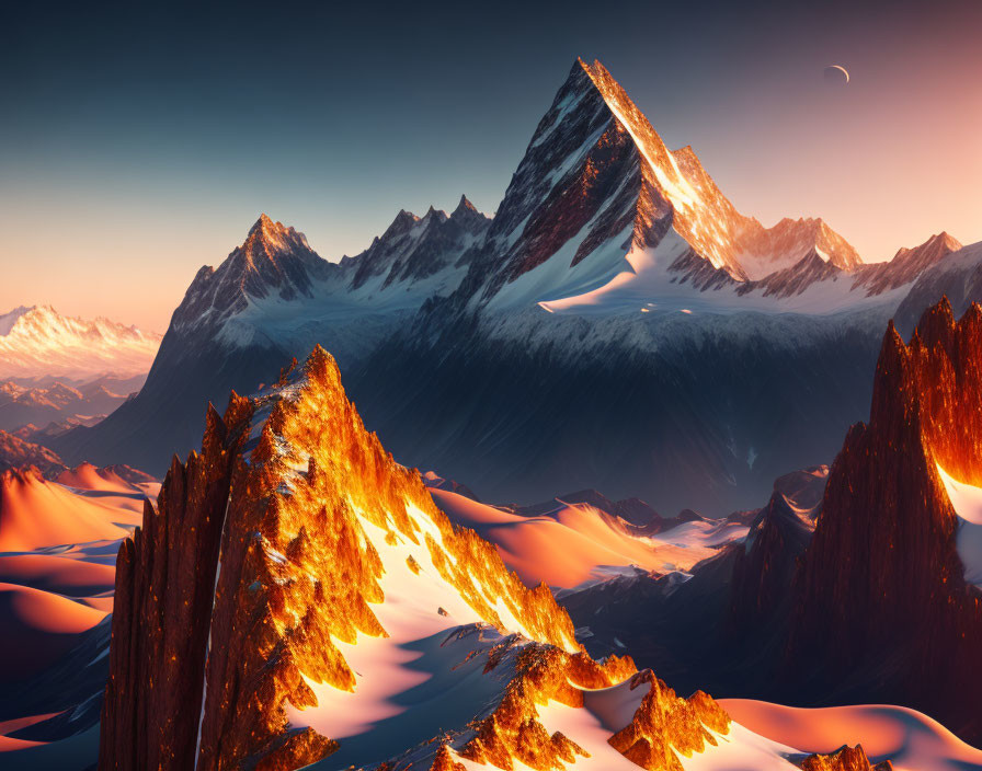 Snow-capped mountain range at sunset with fiery orange light and crescent moon