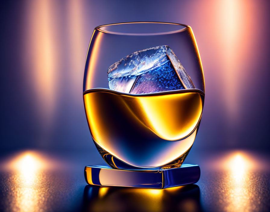 Whiskey glass with tilted ice cube under warm light