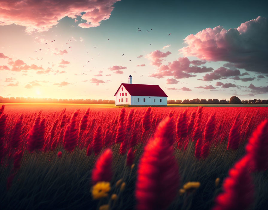 White House with Red Roof in Vibrant Red Crop Field at Sunset