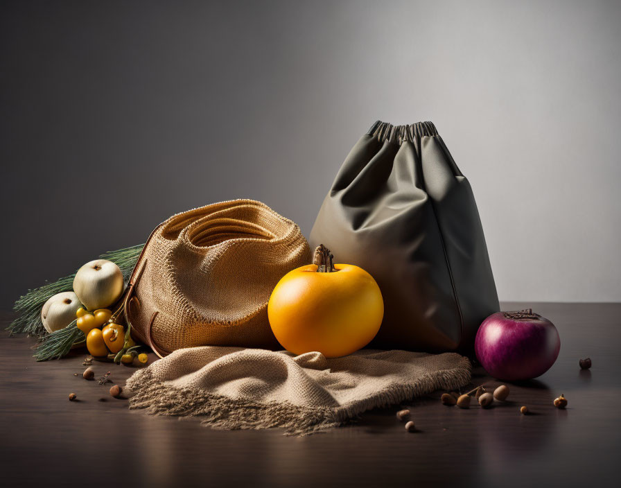 Suede Hat, Drawstring Bag, Pumpkin, Onion, Acorns, and Vegetables on Text