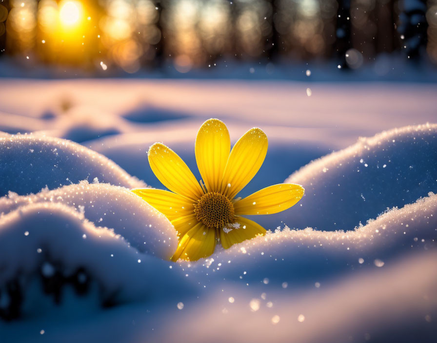 Vibrant yellow flower in snow under sunset glow