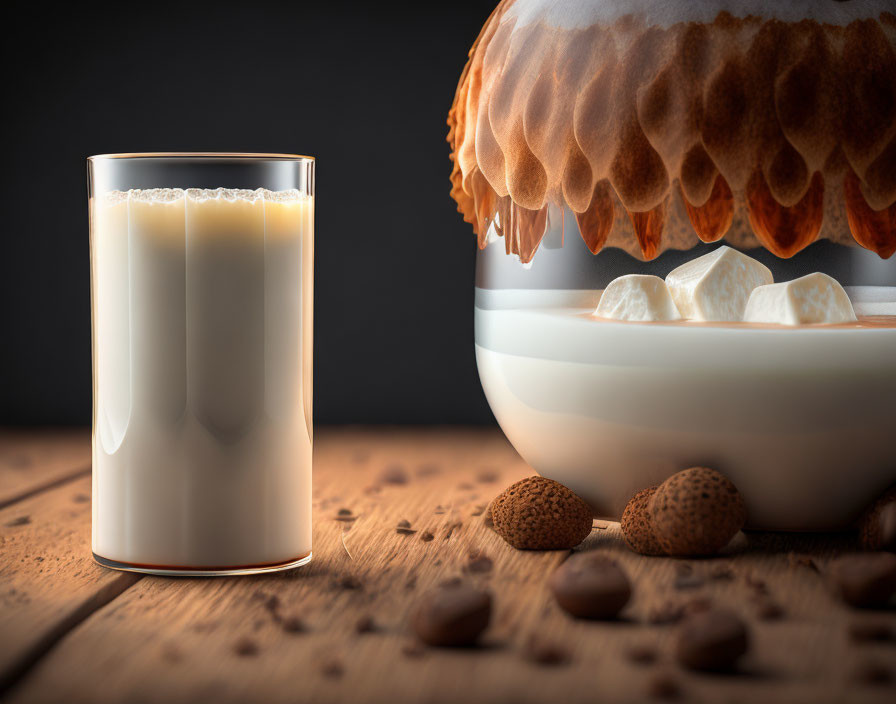 Breakfast scene: glass of milk, cereal bowl, almonds on wooden table