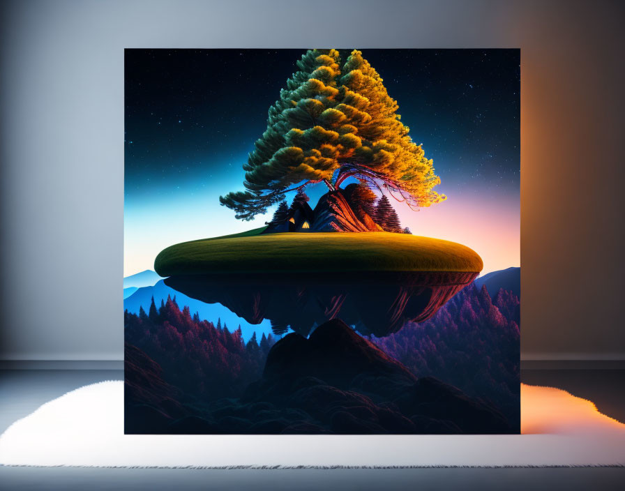 Floating island with large tree in twilight sky in dimly lit room