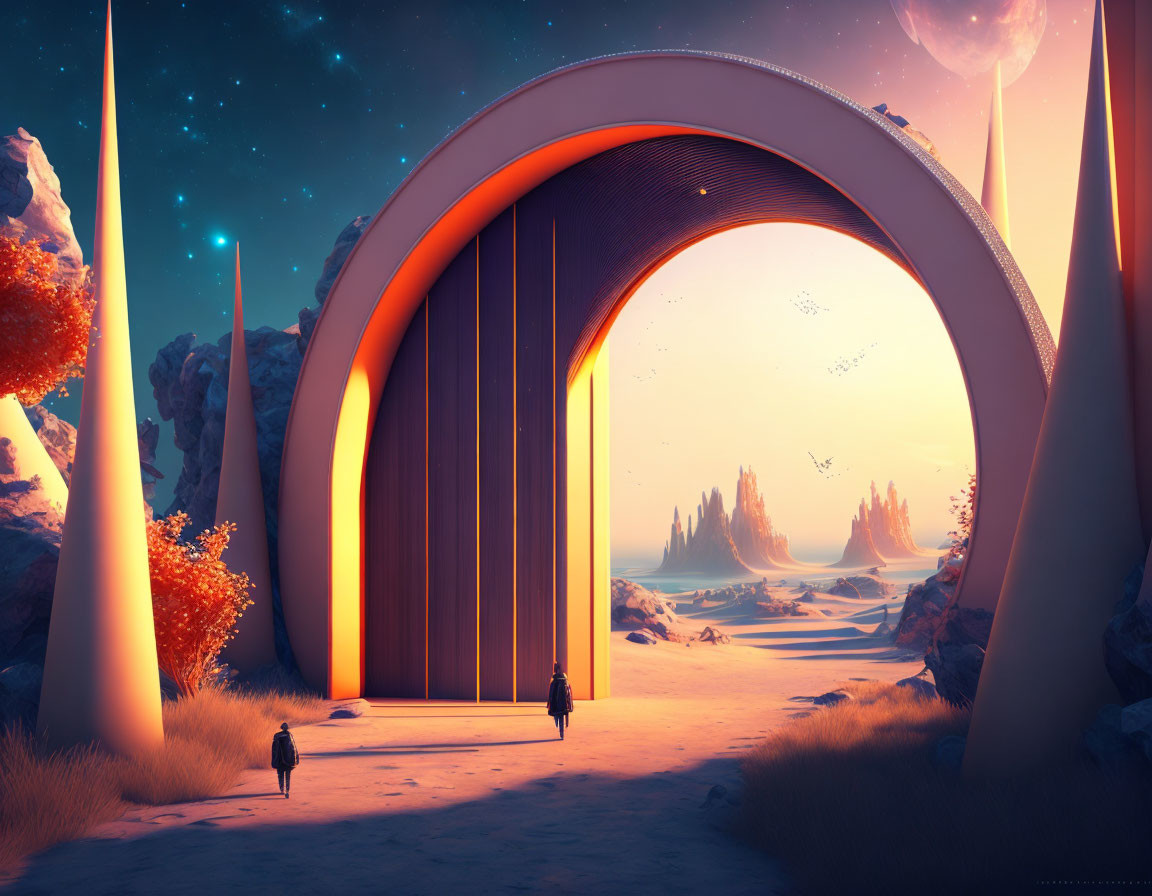 Alien beach scene with futuristic archway and figures