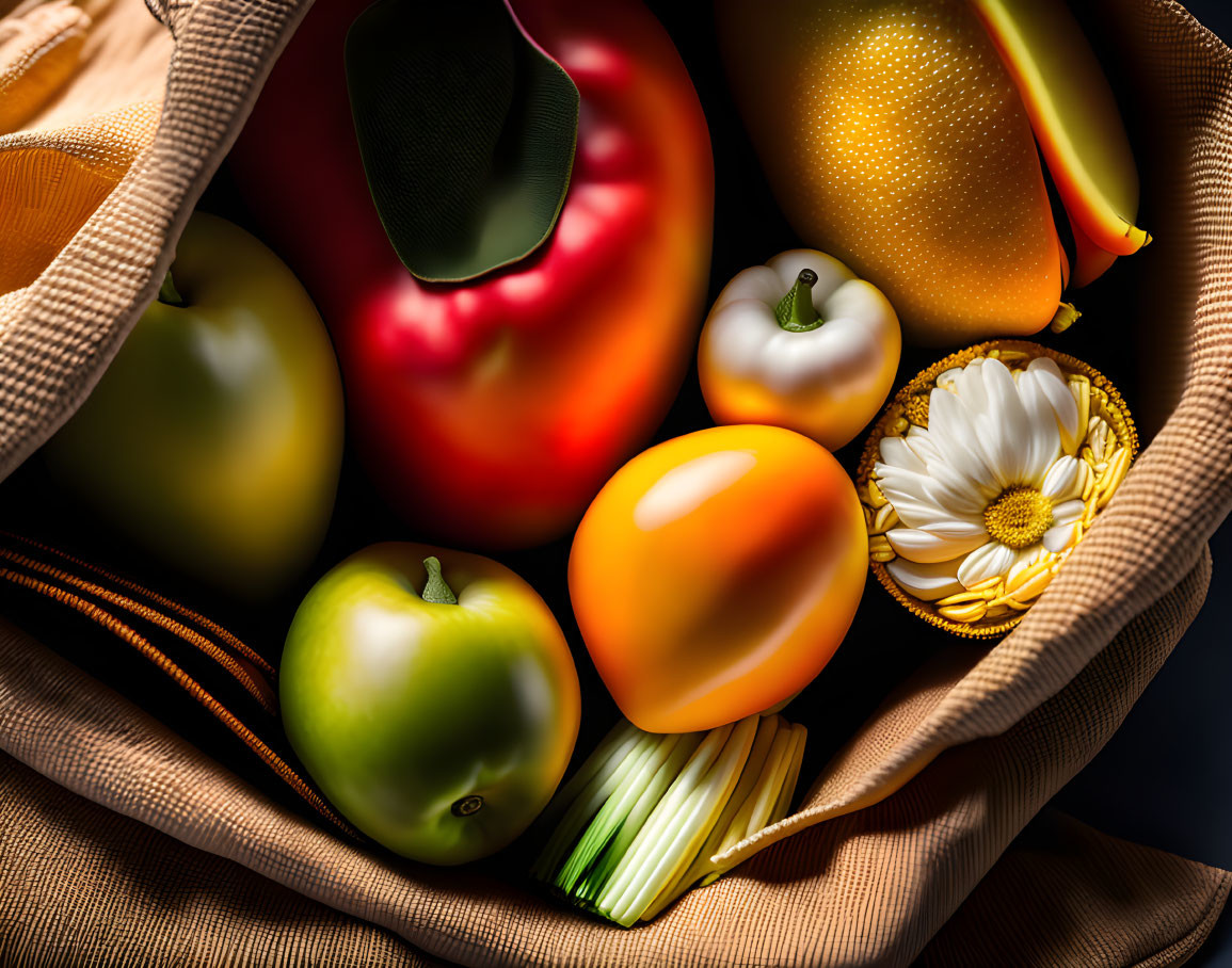 Fresh fruits and vegetables in beige tote bag with white flower