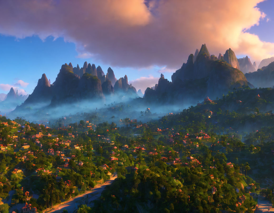 Misty village nestled among verdant hills and rocky peaks