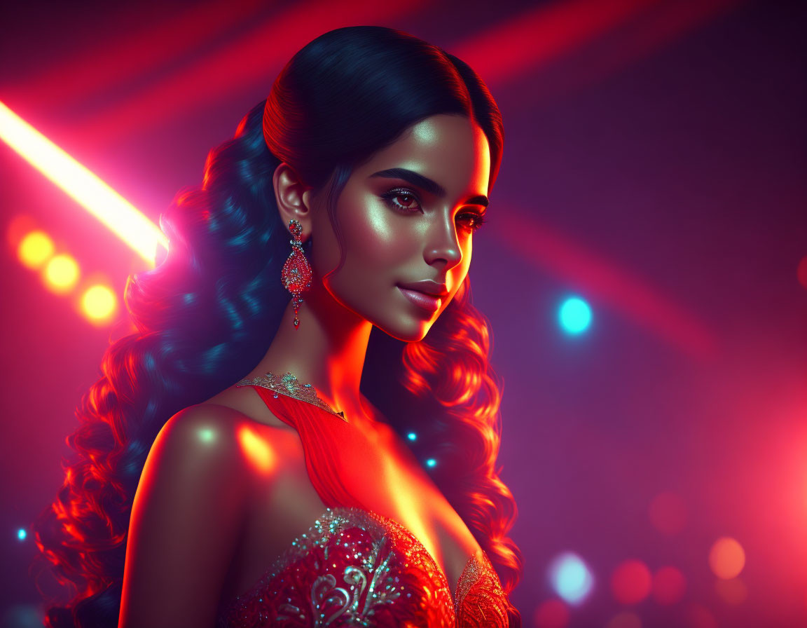 Digital artwork: Woman with glowing skin and red dress on vibrant backdrop